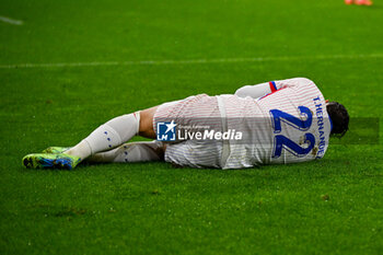 2024-10-10 - Injury of Theo Hernandez (France) during the UEFA Nations League match between Israel vs. France on 10th October 2024 at the Bozsik Arena stadium in Budapest, Hungary - ISRAEL VS FRANCE - UEFA NATIONS LEAGUE - SOCCER