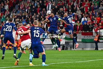 2024-10-11 - Clash between Dominik Szoboszlai (Hungary) and Denzel Dumfries (Netherlands) during the UEFA Nations League match between Hungary vs. Holland on 11th October 2024 at the Puskas Arena stadium in Budapest, Hungary - HUNGARY VS NETHERLANDS - UEFA NATIONS LEAGUE - SOCCER