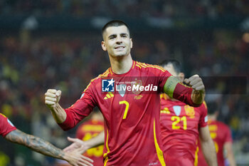 2024-10-15 - Alvaro Morata of Spain celebrates a goal 2-0 during the UEFA Nations League, League A, Group A4 football match between Spain and Serbia on October 15, 2024 at Nuevo Arcangel stadium in Cordoba, Spain - FOOTBALL - UEFA NATIONS LEAGUE - SPAIN V SERBIA - UEFA NATIONS LEAGUE - SOCCER