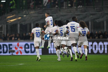 17/11/2024 - Lucas Digne of France celebrating after a goal during the Group A2 - UEFA NATIONS LEAGUE 2024 match between Italy and France on 17 of November 2024 at Giuseppe Meazza San Siro Siro stadium in Milan, Italy. - ITALY VS FRANCE - UEFA NATIONS LEAGUE - CALCIO