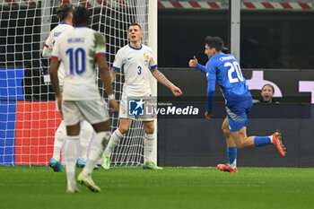 17/11/2024 - Andrea Cambiaso of Italy celebrating after a goal during the Group A2 - UEFA NATIONS LEAGUE 2024 match between Italy and France on 17 of November 2024 at Giuseppe Meazza San Siro Siro stadium in Milan, Italy. - ITALY VS FRANCE - UEFA NATIONS LEAGUE - CALCIO