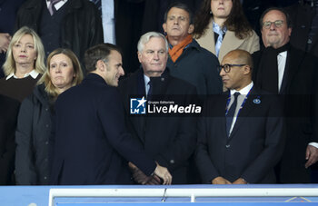 14/11/2024 - Yael Braun-Pivet, President of France Emmanuel Macron, French Prime Minister Michel Barnier, President of French Football Federation FFF Philippe Diallo, above Manuel Valls, Francois Hollande during the UEFA Nations League, League A, Group A2 football match between France and Israel on 14 November 2024 at Stade de France in Saint-Denis near Paris, France - FOOTBALL - UEFA NATIONS LEAGUE - FRANCE V ISRAEL - UEFA NATIONS LEAGUE - CALCIO