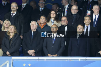 14/11/2024 - Yael Braun-Pivet, French Prime Minister Michel Barnier, President of French Football Federation FFF Philippe Diallo, President of France Emmanuel Macron, above Manuel Valls, Francois Hollande, Nicolas Sarkozy during the UEFA Nations League, League A, Group A2 football match between France and Israel on 14 November 2024 at Stade de France in Saint-Denis near Paris, France - FOOTBALL - UEFA NATIONS LEAGUE - FRANCE V ISRAEL - UEFA NATIONS LEAGUE - CALCIO