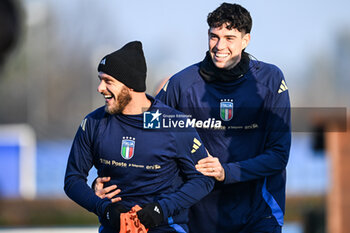 16/11/2024 - Federico Dimarco of Italy and Alessandro Bastoni of Italy in action during a Italy training session at BPER Training Centre at Appiano Gentile on November 16, 2024 in Como, Italy - ITALY TRAINING AND PRESS CONFERENCE - UEFA NATIONS LEAGUE - CALCIO