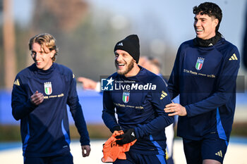 16/11/2024 - Federico Dimarco of Italy and Alessandro Bastoni of Italy in action during a Italy training session at BPER Training Centre at Appiano Gentile on November 16, 2024 in Como, Italy - ITALY TRAINING AND PRESS CONFERENCE - UEFA NATIONS LEAGUE - CALCIO