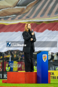 18/11/2024 - Romanian singer Feli, singing the National Anthem during the UEFA Nations League, League C, Group C2 football match between Romania and Cyprus on 18 November 2024 at Arena Nationala in Bucharest, Romania - FOOTBALL - UEFA NATIONS LEAGUE - ROMANIA V CYPRUS - UEFA NATIONS LEAGUE - CALCIO