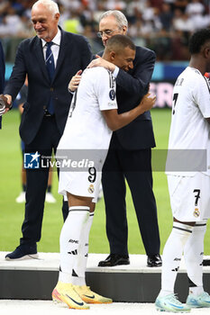 2024-08-14 - Florentino Perez, Kylian Mbappe of Real Madrid during the UEFA Super Cup 2024 football match between Real Madrid CF and Atalanta BC on 14 August 2024 at PGE Narodowy in Warsaw, Poland - FOOTBALL - UEFA SUPER CUP 2024 - REAL MADRID V ATALANTA - UEFA SUPER CUP - SOCCER