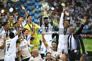 2024-08-14 - Thibaut Courtois, Antonio Rudiger Jude Bellingham of Real Madrid during the UEFA Super Cup 2024 football match between Real Madrid CF and Atalanta BC on 14 August 2024 at PGE Narodowy in Warsaw, Poland - FOOTBALL - UEFA SUPER CUP 2024 - REAL MADRID V ATALANTA - UEFA SUPER CUP - SOCCER