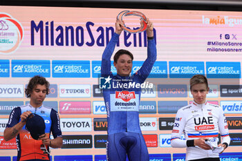2024-03-16 - Cycling, Milano - Sanremo, 16-03-2024, Sanremo, in the photo: podium Matthews, Philipsen and Pogacar - MILANO - SAN REMO - STREET - CYCLING