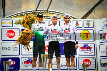 2024-09-08 - The Podium whit Marc Hirschi - SUI (UAE) (First Place) - Aular Sanabria Orluis VEN (Caja Rural- Seguros RGA) and Diego Ulissi ITA (UAE Team Emirates) in Third Place - GRAN PREMIO DI LARCIANO - STREET - CYCLING