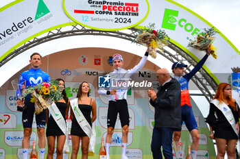 2024-09-12 - The Podium of Coppa Sabatini - Third place Anders FOLDAGER DEN (Jayco Alula) Second place Gregor MUHLBERGER AUT - (Movistar Team) First place Marc HIRSCHI SUI (UAE Team) - COPPA SABATINI - STREET - CYCLING