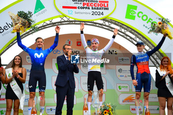 2024-09-12 - The Podium of Coppa Sabatini - Third place Anders FOLDAGER DEN (Jayco Alula) Second place Gregor MUHLBERGER AUT - (Movistar Team) First place Marc HIRSCHI SUI (UAE Team) - COPPA SABATINI - STREET - CYCLING