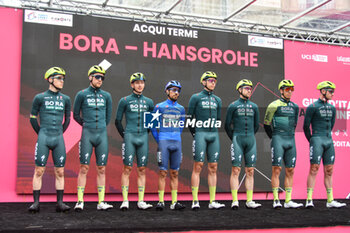 07/05/2024 - Bora Hansgrohe on the signature podium Tappa 4 - Acqui Terme-Andora - Giro d'Italia 2024 - STAGE 4 - AQUI TERME-ANDORA - GIRO D'ITALIA - CICLISMO