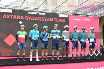 2024-05-07 - Astana Qazaqstan Team on the signature podium Tappa 4 - Acqui Terme-Andora - Giro d'Italia 2024 - STAGE 4 - AQUI TERME-ANDORA - GIRO D'ITALIA - CYCLING