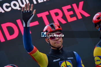 2024-05-07 - Jonathan Milan of Lidl Trek on the signature podium Tappa 4 - Acqui Terme-Andora - Giro d'Italia 2024 - STAGE 4 - AQUI TERME-ANDORA - GIRO D'ITALIA - CYCLING