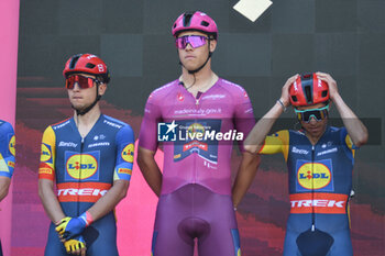 08/05/2024 - Jonathan Milan on signature podium of Tappa 5 - Genova-Lucce - Giro d'Italia 2024 - STAGE 5 - GENOVA-LUCCA - GIRO D'ITALIA - CICLISMO