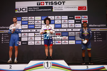 2024-10-17 - Tissot Track Cycling World Championship - Ballerup, Copenaghen, Den- 16-10-2024 - Podium - Men's Keirin,-Yamasaki Kento, Japan - - Yakovlev Mikhail, Israel - Quintero Chavarro Kevin Santiago, Colombia - TISSOT 2024 TRACK WORLD CHAMPIONSHIPS - TRACK - CYCLING