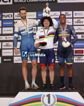 2024-10-17 - Tissot Track Cycling World Championship - Ballerup, Copenaghen, Den- 16-10-2024 -- Podium - Men's Keirin,-Yamasaki Kento, Japan - Yakovlev Mikhail, Israel - Quintero Chavarro Kevin Santiago, Colombia - TISSOT 2024 TRACK WORLD CHAMPIONSHIPS - TRACK - CYCLING