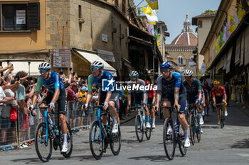 2024-06-29 - Austrian rider Felix Gall of Decathlon AG2R La Mondiale Team, French rider Dorian Godon of Decathlon AG2R La Mondiale Team and British rider Jake Stewart of Israel Premier Tech in action - STAGE 1 - START - TOUR DE FRANCE - CYCLING