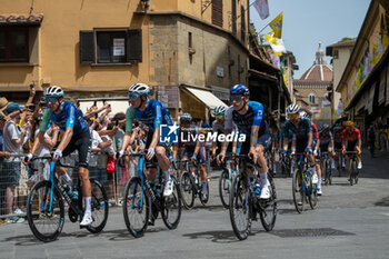 2024-06-29 - Austrian rider Felix Gall of Decathlon AG2R La Mondiale Team, French rider Dorian Godon of Decathlon AG2R La Mondiale Team and British rider Jake Stewart of Israel Premier Tech in action - STAGE 1 - START - TOUR DE FRANCE - CYCLING