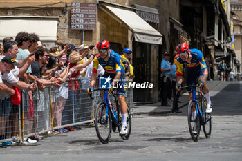 2024-06-29 - Latvian rider Toms Skujins of Lidl-Trek and Belgian rider Jasper Stuyven of Lidl-Trek in action - STAGE 1 - START - TOUR DE FRANCE - CYCLING