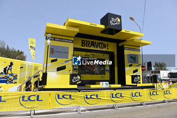 2024-06-29 - A celebration podium of Tour de France 2024 - STAGE 1 - FINISH - TOUR DE FRANCE - CYCLING