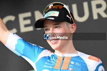 2024-06-29 - FRANK VAN DEN BROEK CELEBRATED ON THE PODIUM WITH THE PRIX OF COMBATIVITE - STAGE 1 - FINISH - TOUR DE FRANCE - CYCLING