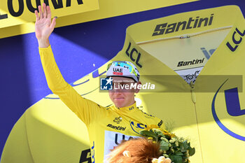 2024-06-30 - Tadej Pogacar celebrating yellow jersey after the second stage of the tour the France 2024 in Bologna jersey after the second stage of the tour the France 2024 in Bologna - STAGE 2 - FINISH - TOUR DE FRANCE - CYCLING