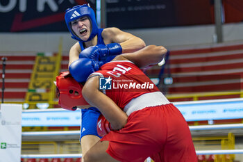 2024-03-06 - Camilo Bravo Camila Gabriela (Col) in red and Carini Angela (Ita) in blue during the Boxing Road to Paris 1st World Qualification Tournament, at E-Work Arena, Busto Arsizio, Italy on March 6, 2024 - BOXING ROAD TO PARIS - BOXING - CONTACT
