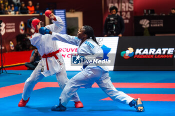 28/01/2024 - Thalya SOMBE of France and Mobina HEYDARIOZOMCHELOEI of Islamic Republic of Iran, Female Kumite -68 Kg Final, during the Paris Open Karate 2024, 2024 Karate 1-Premier League Paris on January 26, 2024 at Pierre de Coubertin stadium in Paris, France - KARATE - PARIS OPEN KARATE 2024 - KARATE - CONTATTO