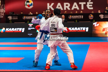 28/01/2024 - Thalya SOMBE of France and Mobina HEYDARIOZOMCHELOEI of Islamic Republic of Iran, Female Kumite -68 Kg Final, during the Paris Open Karate 2024, 2024 Karate 1-Premier League Paris on January 26, 2024 at Pierre de Coubertin stadium in Paris, France - KARATE - PARIS OPEN KARATE 2024 - KARATE - CONTATTO