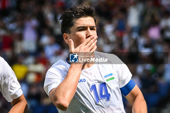 2024-07-24 - SHOMURODOV Eldor of Uzbekistan celebrates his goal during the football match between Uzbekistan and Spain, Olympic Games Paris 2024 on 24 July 2024 at Parc des Princes stadium in Paris, France - OLYMPIC GAMES PARIS 2024 - 24/07 - OLYMPIC GAMES PARIS 2024 - OLYMPIC GAMES