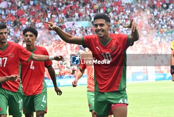 2024-07-24 - Illias Hakhomach of Morocco celebrates his goal during the Football, Men's Group B, between Argentina and Morocco during the Olympic Games Paris 2024 on 24 July 2024 at Geoffroy-Guichard Stadium in Saint-Etienne, France - OLYMPIC GAMES PARIS 2024 - 24/07 - OLYMPIC GAMES PARIS 2024 - OLYMPIC GAMES