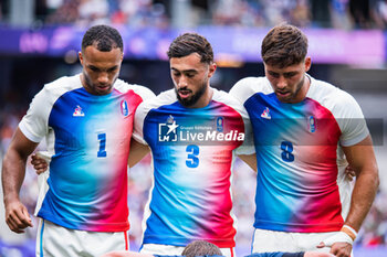 2024-07-24 - Varian Pasquet (France), Rayan Rebbadj (France) and Antoine Zeghdar (France), Rugby Sevens, Men's Pool C between France and United States during the Olympic Games Paris 2024 on 24 July 2024 at Stade de France in Saint-Denis, France - OLYMPIC GAMES PARIS 2024 - 24/07 - OLYMPIC GAMES PARIS 2024 - OLYMPIC GAMES