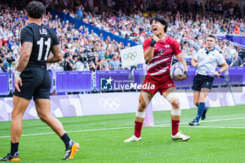 2024-07-24 - Shotaro Tsuoka (Japan) celebrates a try, Rugby Sevens, Men's Pool A between New Zealand and Japan during the Olympic Games Paris 2024 on 24 July 2024 at Stade de France in Saint-Denis, France - OLYMPIC GAMES PARIS 2024 - 24/07 - OLYMPIC GAMES PARIS 2024 - OLYMPIC GAMES