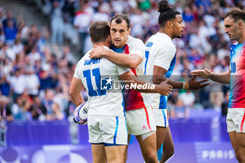 2024-07-24 - Antoine Dupont (France) celebrates his try with Paulin Riva, Rugby Sevens, Men's Pool C between France and Uruguay during the Olympic Games Paris 2024 on 24 July 2024 at Stade de France in Saint-Denis, France - OLYMPIC GAMES PARIS 2024 - 24/07 - OLYMPIC GAMES PARIS 2024 - OLYMPIC GAMES