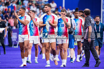 2024-07-24 - Antoine Zeghdar (France), Jean Pascal Barraque (France) and Aaron Grandidier Nkanang (France), Rugby Sevens, Men's Pool C between France and Uruguay during the Olympic Games Paris 2024 on 24 July 2024 at Stade de France in Saint-Denis, France - OLYMPIC GAMES PARIS 2024 - 24/07 - OLYMPIC GAMES PARIS 2024 - OLYMPIC GAMES