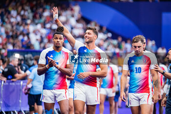 2024-07-24 - Antoine Zeghdar (France), Jefferson-Lee Joseph (France), and Jean Pascal Barraque (France), Rugby Sevens, Men's Pool C between France and Uruguay during the Olympic Games Paris 2024 on 24 July 2024 at Stade de France in Saint-Denis, France - OLYMPIC GAMES PARIS 2024 - 24/07 - OLYMPIC GAMES PARIS 2024 - OLYMPIC GAMES