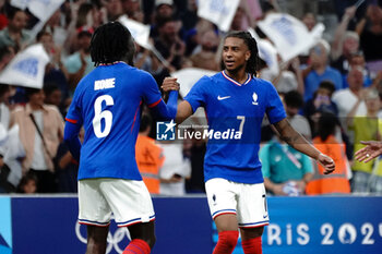 2024-07-24 - Michael Olise (France) celebrates his goal with Manu Koné during the Football, Men's Group A, between France and United States during the Olympic Games Paris 2024 on 24 July 2024 at Geoffroy-Guichard Stadium in Marseille, France - OLYMPIC GAMES PARIS 2024 - 24/07 - OLYMPIC GAMES PARIS 2024 - OLYMPIC GAMES