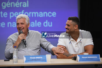 2024-07-26 - Claude ONESTA, General Manager of High Performance and Florent MANAUDOU,Flag bearer during the opening ceremony of the Olympic Games Paris 2024 on 26 July 2024 in Paris, France - OLYMPIC GAMES PARIS 2024 - OPENING CEREMONY - 26/07 - OLYMPIC GAMES PARIS 2024 - OLYMPIC GAMES