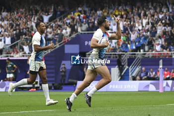 2024-07-27 - Rayan Rebbadj (France) scores a try, Rugby Sevens, Men's Semi-final between South Africa and and France during the Olympic Games Paris 2024 on 27 July 2024 at Stade de France in Saint-Denis, France - OLYMPIC GAMES PARIS 2024 - 27/07 - OLYMPIC GAMES PARIS 2024 - OLYMPIC GAMES