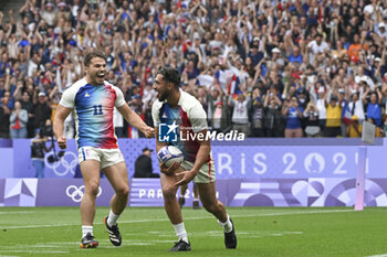 2024-07-27 - Rayan Rebbadj (France) celebrates a try with Antoine Dupont, Rugby Sevens, Men's Semi-final between South Africa and and France during the Olympic Games Paris 2024 on 27 July 2024 at Stade de France in Saint-Denis, France - OLYMPIC GAMES PARIS 2024 - 27/07 - OLYMPIC GAMES PARIS 2024 - OLYMPIC GAMES