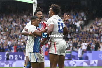 2024-07-27 - Jordan Sepho (France) celebrates a try, Rugby Sevens, Men's Semi-final between South Africa and and France during the Olympic Games Paris 2024 on 27 July 2024 at Stade de France in Saint-Denis, France - OLYMPIC GAMES PARIS 2024 - 27/07 - OLYMPIC GAMES PARIS 2024 - OLYMPIC GAMES