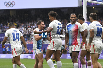 2024-07-27 - Jordan Sepho (France) celebrates a try with Antoine Dupont, Rugby Sevens, Men's Semi-final between South Africa and and France during the Olympic Games Paris 2024 on 27 July 2024 at Stade de France in Saint-Denis, France - OLYMPIC GAMES PARIS 2024 - 27/07 - OLYMPIC GAMES PARIS 2024 - OLYMPIC GAMES