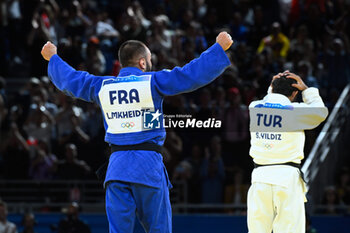 2024-07-27 - Luka Mkheidze ( FRA ) celebrates after winning against Salih Yildiz (TUR), Judo, Men -60 kg Semifinal during the Olympic Games Paris 2024 on 27 July 2024 at Arena Champ de Mars in Paris, France - OLYMPIC GAMES PARIS 2024 - 27/07 - OLYMPIC GAMES PARIS 2024 - OLYMPIC GAMES