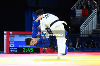 2024-07-27 - Giorgi Sardalashvili ( GEO ) vs Won Jin Kim ( KOR ), Judo, Men -60 kg Repechage contest during the Olympic Games Paris 2024 on 27 July 2024 at Arena Champ de Mars in Paris, France - OLYMPIC GAMES PARIS 2024 - 27/07 - OLYMPIC GAMES PARIS 2024 - OLYMPIC GAMES