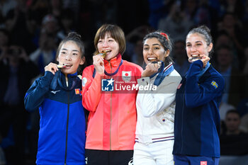 2024-07-27 - Baasankhuu Bavuudorj ( MGL ) Silver, Natsumi Tsunoda ( JPN ) Gold, Shirine Boukli ( France ) and Tara Babulfath ( SWE ) Bronze, Judo, Women -48 kg during the Olympic Games Paris 2024 on 27 July 2024 at Arena Champ de Mars in Paris, France - OLYMPIC GAMES PARIS 2024 - 27/07 - OLYMPIC GAMES PARIS 2024 - OLYMPIC GAMES