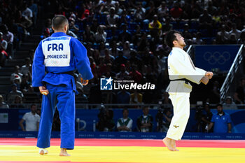 2024-07-27 - Yeldos Smetov ( KAZ ) celebrates winning against Luka Mkheidze ( FRA ), Judo, Men -60 kg Final during the Olympic Games Paris 2024 on 27 July 2024 at Arena Champ de Mars in Paris, France - OLYMPIC GAMES PARIS 2024 - 27/07 - OLYMPIC GAMES PARIS 2024 - OLYMPIC GAMES