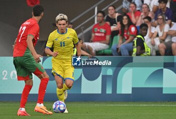 2024-07-27 - Maksym Khlan (Ukraine), Football, Men's Group B between Ukraine and Morocco during the Olympic Games Paris 2024 on 27 July 2024 at Geoffroy-Guichard Stadium in Saint-Etienne, France - OLYMPIC GAMES PARIS 2024 - 27/07 - OLYMPIC GAMES PARIS 2024 - OLYMPIC GAMES