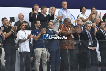 2024-07-27 - Abdelatif Benazzi, Antoine Griezmann, France President Emmanuel Macron, Rugby Sevens, Men's final between France and Fiji during the Olympic Games Paris 2024 on 27 July 2024 at Stade de France in Saint-Denis, France - OLYMPIC GAMES PARIS 2024 - 27/07 - OLYMPIC GAMES PARIS 2024 - OLYMPIC GAMES